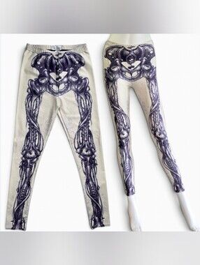 Vintage Online Leggings Store Bio-Mechanical Cyber Goth Skeleton Leggings Small